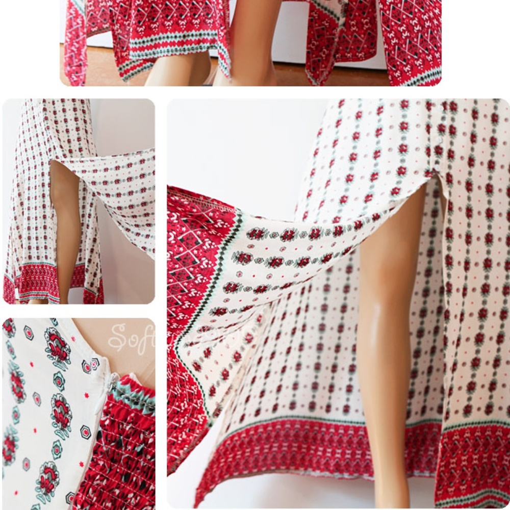 Last☝️Ivory Red Ethnic Button Slit Boho Maxi Dress - Picture 5 of 8